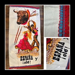 Vtg 60s Spanish souvenir towel known as the "Plaza De Toros Espana" beach towel.